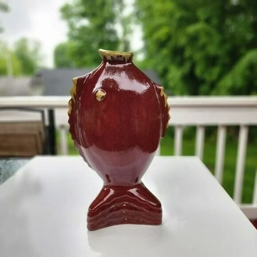 Vintage Pottery Nautical Fish Shaped Vase‎ Terracotta 13.5in Tall